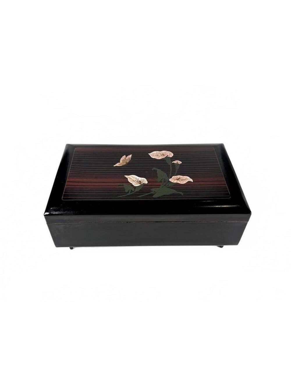Vintage Black Lacquer Calla Lily Butterfly Jewelry Wood Box Taiwan Mirror